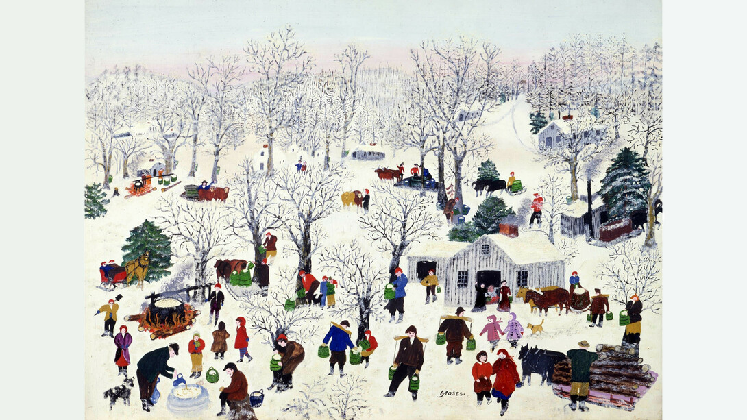 Anna Mary Robertson “Grandma” Moses, Sugaring Off, 1955, Private collection; courtesy Galerie St. Etienne, New York © 2022, Grandma Moses Properties Co., NY