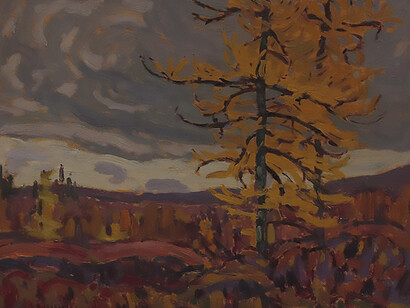 Tamarac, Algoma 1917, printed in black paint on Blc: A.Y. Jackson, The Thomson Collection at the Art Gallery of Ontario, 2017