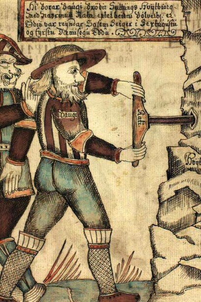 Illustrazione di Odino e dello jötunn Baugi che perfora la montagna con un trapano, da un manoscritto islandese del XVIII secolo