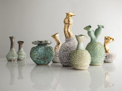 Unique, hand-thrown Dark Father Accretion vase with porcelain slip in Lucky Piere glaze. Designed and made by the Haas Brothers, Los Angeles, CA, 2014. 9" H x 4" D / 22.9cm H x 10.2cm D. Photograph by Joe Kramm/R & Company