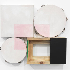 Paul Lee, Started Somewhere, 2017, wood, woodglue, screws, acrylic, acrylic spray paint, glass, canvas, tamourine, 50.8 x 45.7 x 8.9 cm, 20 x 18 x 3.5 ins, copyright the artist, courtesy Stuart Shave/Modern Art, London