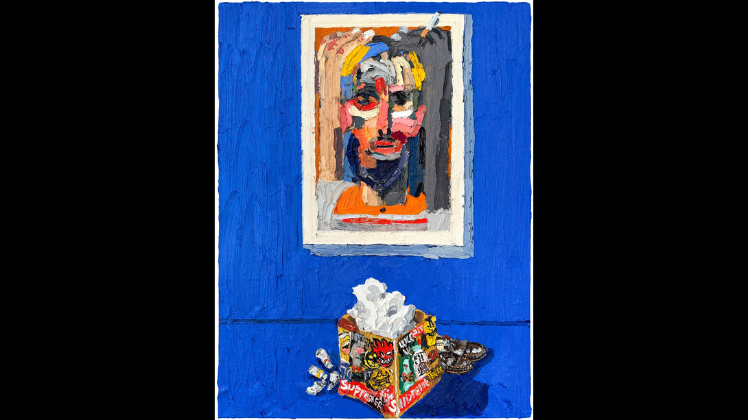 Emilio Villalba, Portrait and Studio Floor, 2023, oil on canvas, 48x36 inches (121.92x91.44 cm). Courtesy of the artist and Dolby Chadwick Gallery