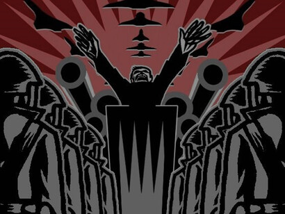 A powerful totalitarian war poster depicts a towering figure of authority overlooking a desolate landscape