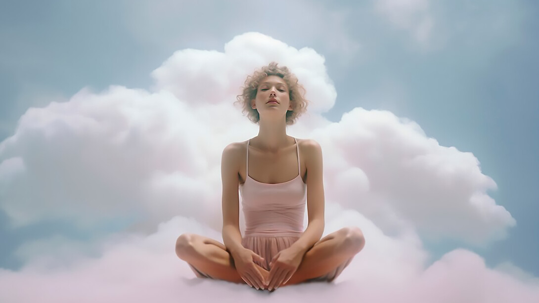 A girl sitting on fluffy clouds in the sky, enveloped by a dreamy atmosphere, evoking a sense of serenity and wonder amidst the soft, billowy surroundings