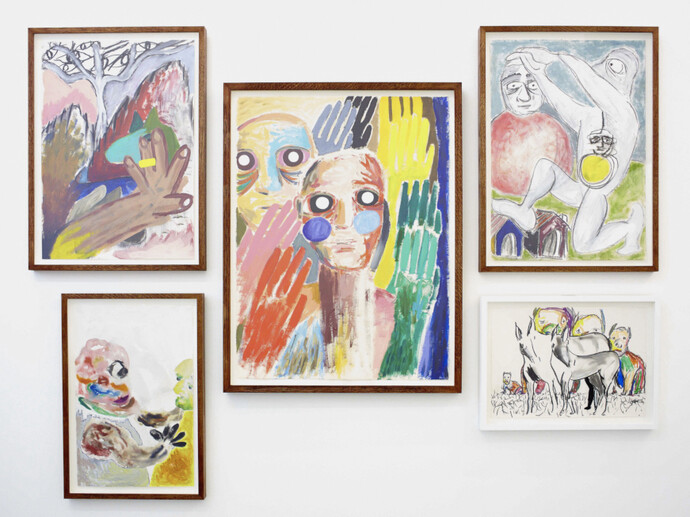 Mathew Sawyer, ‘Sleep Dreamt a Brother’, 2014, ‘Part 1’ (centre), Oil and acrycli on paper, 83 x 64 cm, ‘Part 2’ (top, left), Oil, charcoal, acrylic on paper, 65.5 x 48 cm, ‘Part 3 (bottom, left), Watercolour and gouache on paper, 56 x 38 cm, ‘Part 4’(top, right), Charcoal and acrylic on paper, 65.5 x 48 cm, ‘Part 5’ (bottom, right), Charcoal and oil pastel on paper, 36 x 48 cm, Photo: Lee James Thompson