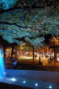 Fotografía de Oscar Farrerons Vidal. La poética caída de agua del Canal de Suez elevado, el anfiteatro bañado por la luz del ocaso, las tres palmeras centenarias... Plaza Lesseps de Barcelona, España
