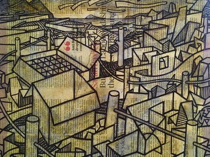 Dinas Dinlle- carbon ink and newpaper on cardboard