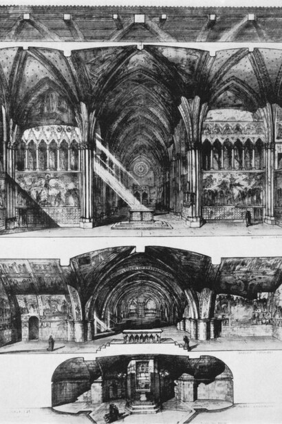 Ugo Tarchi, Basilica di San Francesco. Spaccato delle due chiese sovrapposte e della nuova cripta, 1940.  
