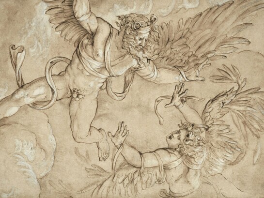 A depiction of Icarus plunging from the heavens, symbolizing the consequences of unchecked ambition and the dangers of technological progress without adequate restraint. Copy after Giulio Romano, The Fall of Icarus (16th century). Photo via The Cleveland Museum of Art/Unsplash
