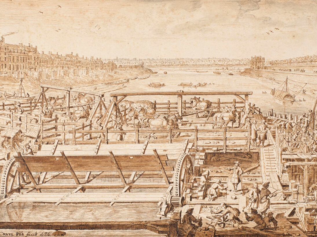 Lieven Cruyl, Ghent 1634 - before 1720, Dutch School, A View of Paris on the River Seine with the Construction of the Pont Royal on the Right, the Quai and the Gardens of the Tuileries, Pen, Brown Ink & Wash on Paper, 7 1/2 x 11 3/4 inches (19 x 30 cms), Signed and Dated: "Livinus Cruyl PBR fecit 1686"
