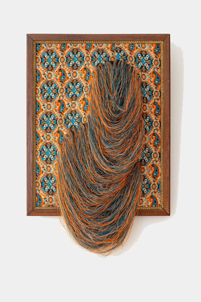 Golnaz Payani,
The Portrait 04, 2023,
wool and silk fabric, wooden frame and gilding,
27 1/2 x 17 3/4 in,
70 x 45 cm. Courtesy of the artist and Praz-Delavallade