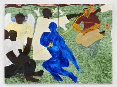 Marcus Leslie Singleton, Man’s Soul Turning into a Rock, 2023. Oil, oil stick and spray paint on panel (diptych), Diptych, overall: 72 by 96 in. 182.9 by 243.8 cm. Courtesy of Mitchell-Innes & Nash