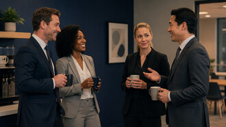 A polished office conversation marked by carefully managed smiles, representing the performance of agreement in corporate culture