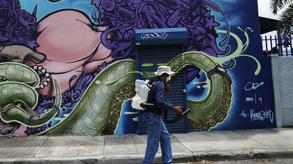 Empleado público fumigando en el barrio de Wynwood, Miami
