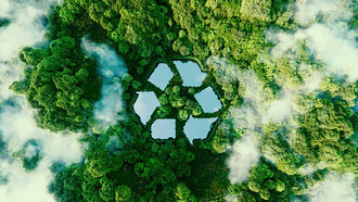 An untouched natural landscape features a lake intricately shaped like a recycling sign, serving as an ecological metaphor for waste management, sustainable living, and prudent resource use