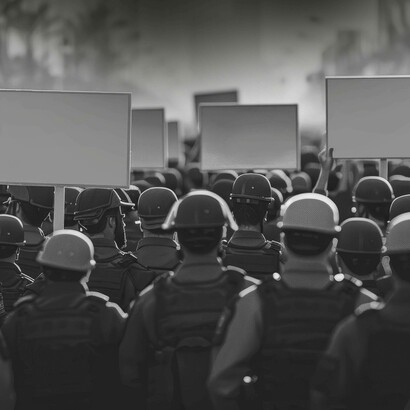 Folla in protesta ripresa dal retro. L'immagine cattura la compattezza e l'anonimato della folla, concentrandosi sul movimento collettivo.