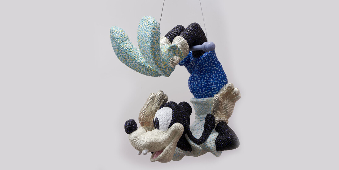 Sam Havadtoy, Goofy on the trapeze, lace, acrylic, gold on found object, 41x26x33 cm, 2017