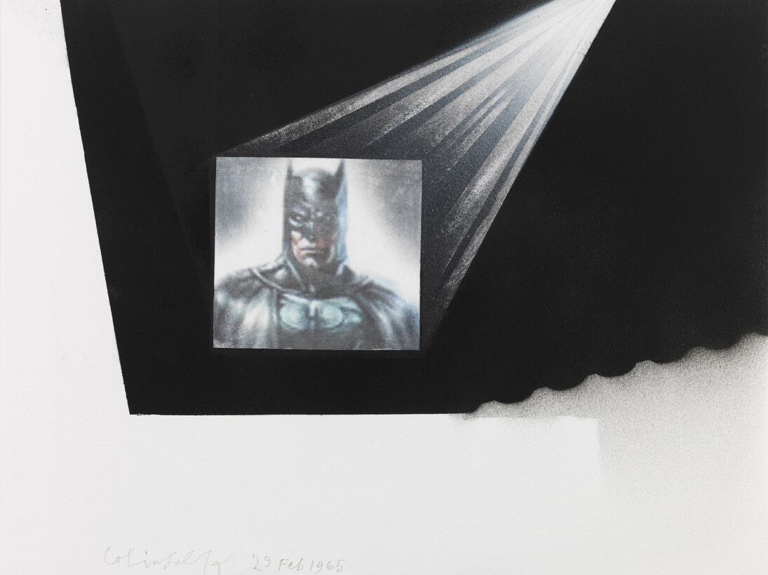 Colin Self, Cinema Series (Batman), 29/02/65, Burnished image, spray paint, pencil, 28 x 37 cm