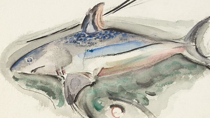 John Marin, American (Rutherford, New Jersey, 1870 – 1953, Cape Split, Maine), Blue Shark, 1922, watercolor and charcoal on heavy textured watercolor paper, 12 1/8 x 16 1/8 in., Arkansas Arts Center Foundation Collection: Gift of Norma B. Marin.