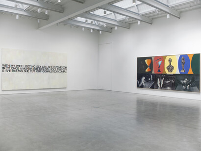 Installation view, Left: Richard Prince, I’m Lucky, 2001-02, acrylic on canvas, 112 x 200 inches, 284.5 x 508 cm, signed with date and title (on the reverse). Right: David Salle, Fooling with your Hair, 1985, oil on canvas, 88 1/2 x 180 1/4 inches, 224.8 x 457.8 cm