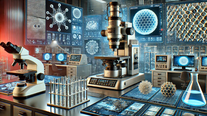 Advanced Scanning Electron Microscope (SEM) in a high-tech laboratory, showcasing its capabilities in nanoscale imaging and material analysis across various scientific fields