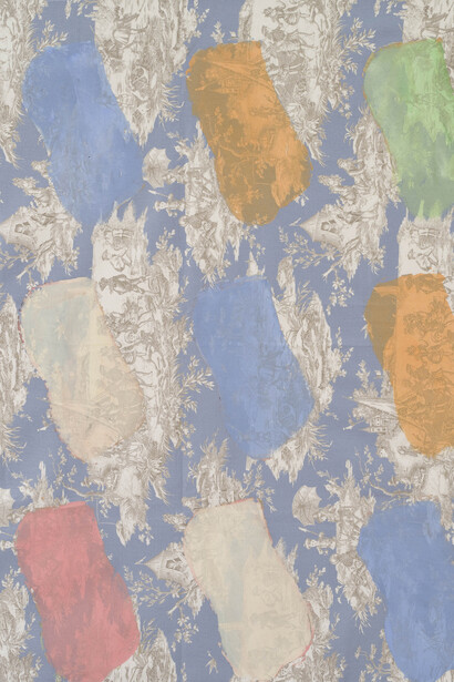 Claude Viallat, Sans titre n°106, 2013, Acrylique sur toile de jouy bleue, 145 x 155 cm, Courtesy Galerie Daniel Templon, Paris & Brussels. Crédit photo : B. Huet/Tutti