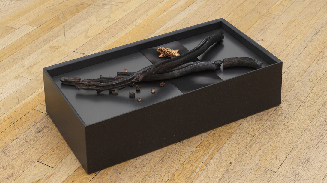 Myeongsoo Kim, There’s our past, 2020. Painted plaster, Valchromat, archival pigment print, polished solid graphite, 14 x 26 x 7 inches