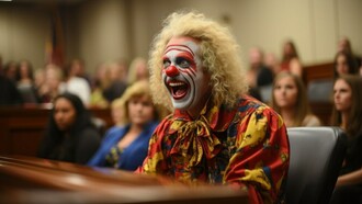 A man dreesed as clown talking in congress
