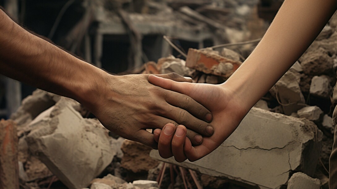 Amidst the devastation, the simple act of holding hands symbolizes the enduring human connection and the vital need for support in Gaza's immense task of "rebuilding"