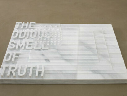 Rirkrit Tiravanija, untitled 2020 (the odious smell of truth) (three flags, 1958), 2020, Marble,
77.8 x 115.6 x 6.5 cm, Courtesy of the artist and Galerie Chantal Crousel, Paris, ph. Martin Argyroglo