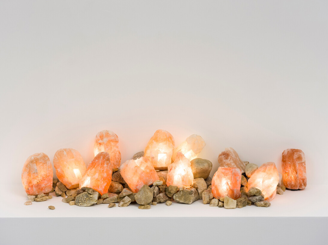Nancy Dwyer, What, 2014, carved salt crystals, river rocks, electrical wiring, dimensions variable (shown 12 x 54 x 14 inches) unique