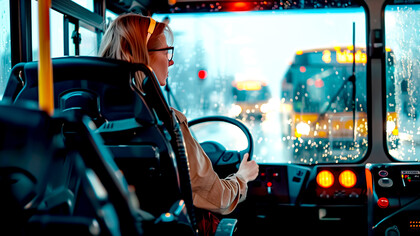 A portrait of a blonde woman driving a bus
