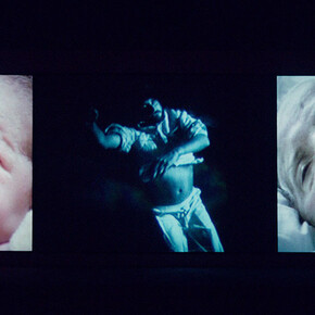 Bill Viola,
Nantes Triptych, 1992.

Three-channel colour video triptych, free text 3.2 x 2.3m, 3.2 x 4m, 3.2 x 2.3m, duration 00:29:46. Courtesy Bill Viola Studio.