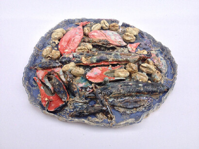 Jesse Wine, I Really Care III, 2014, glazed ceramic, 22 x 21 x 3 in (55 x 53 x 7 cm)