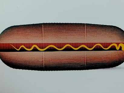 Colin Self (born 1941), Hot dog 2009©Colin Self. All rights reserved DACS 2025. 1000 x 700 mm. Created by Self partly as a homage to tacky American pop culture of the 1960’s but also by the discovery that Warhol had also addressed this topic, a fact entirely unknown to Self until his fifties. The show contains a number of references to fast food, packaging and disposable consumptions