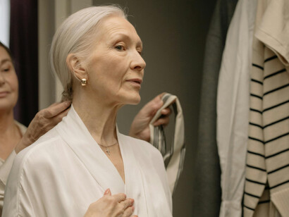 A happy older woman preparing in the bathroom, embracing the process of aging