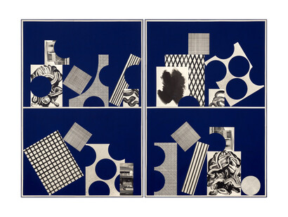 David Korty, Blue Shelf #35, 2015, Ink, paper, pencil, silkscreen and paint on canvas, 84 x 116 inches