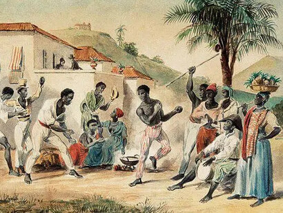 Ilustração de pintura em que pessoas negras dançam e cantam à margem da casa grande no período em que o Brasil foi colônia de Portugal