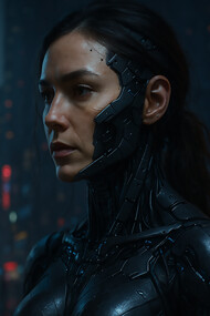 A lone female cyborg stands in a neon-lit cyberpunk city, her human features fused seamlessly with advanced technology—embodying the blurred boundaries of posthumanism in a dystopian future