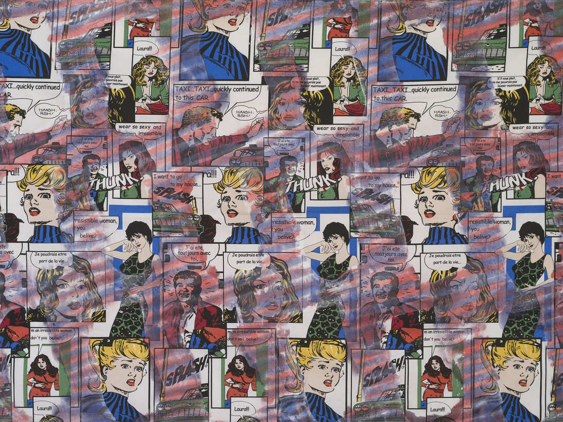 Claude Viallat, Sans titre n°041, 2014, Acrylique sur tissu imprimé BD, 140 x 192 cm, Courtesy Galerie Daniel Templon, Paris & Brussels. Crédit photo : B. Huet/Tutti