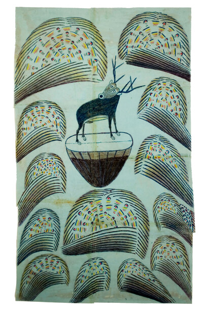 Martin Ramirez, Untitled (Stag on mound with fireworks), c. 1952-53, Graphite, tempera and crayon on paper, 32 x 19 1/2 in; 81.3 x 49.5 cm