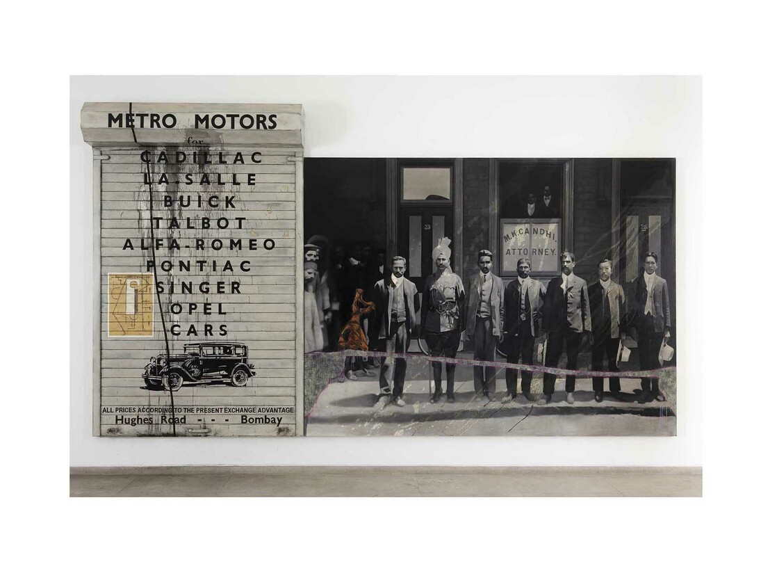 Atul Dodiya, ‘With colleagues - outside the Johannesburg office, c.1905 (Diptych)’, 2014, Oil, acrylic with marble dust and oil-stick on canvas. And acrylic, oil and polyester putty on galvanized steel. Canvas: 183 x 244 cm / 72 x 96 in. (approx), Shutter: 213,5 x 137 cm / 84 x 54 in. (approx), Courtesy of the artist and Galerie Daniel Templon, Paris & Brussels