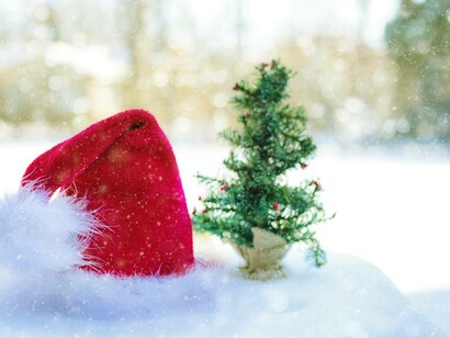 Un cappello di Babbo Natale e un piccolo albero immersi nella neve: "... riprese il cammino, senza accorgersi che dal suo sacco bucato cadevano arance, biscotti, caramelle e un paio di pantofole"