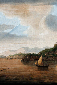 Lacco (Lacco Ameno), isola di Ischia (Italia), composta da tufo vulcanico, con altre isole sollevate da eruzioni vulcaniche, vista al tramonto, di Pietro Fabris (1776)