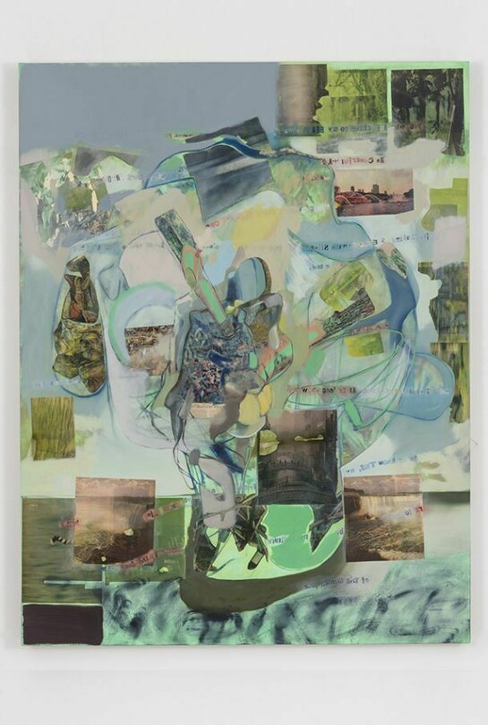 Elliott Hundley, quiet, 2014, Oil paint and paper on linen, 75 x 58 x 1.75 inches (190.5 x 147.3 x 4.4 cm)