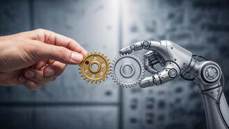 A human hand passing a gear to a robotic hand, representing the seamless collaboration between human expertise and AI