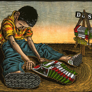 Juan de Dios Mora, Partido en Dos (Torn in Half), 2009, Linocut and woodcut, 15 x 16 in, 38.1 x 40.6 cm