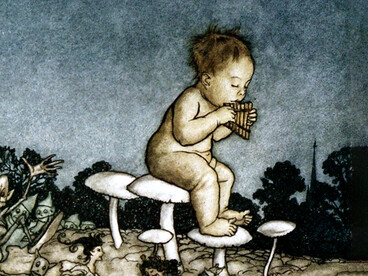 Otro anduvo sin nave ni boleto, hasta hallar una silla allí en la arena. Y se oyó inmediatamente, con su pena, el bullicio exagerado de la gente. Ilustración de Arthur Rackham (1912)