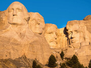 Mount Rushmore, Black Hills region of South Dakota, USA features George Washington, Thomas Jefferson, Theodore Roosevelt and Abraham Lincoln