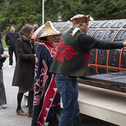 Upon its arrival, Stanley C. Hunt, his family, and many Museum staff participated in an outdoor eagle-down ceremony to bless the monument. Courtesy of the Canadian Museum of History